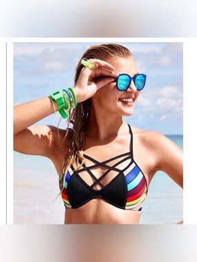 PINK Victoria’s Secret Strappy Black Multicolor Swim Bikini Top Size Large A-C